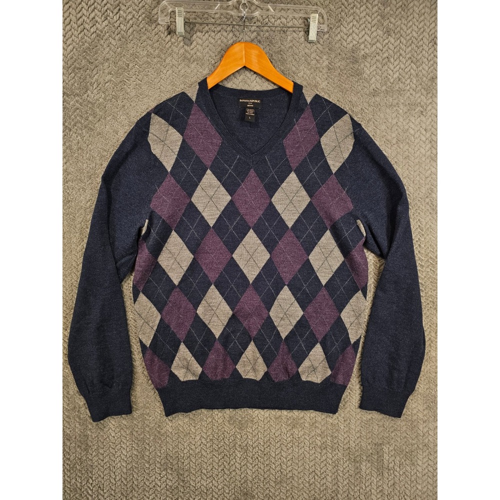 Banana Republic Mens L Merino Wool Argyle V-Neck Sweater Navy Blue Purple Grey